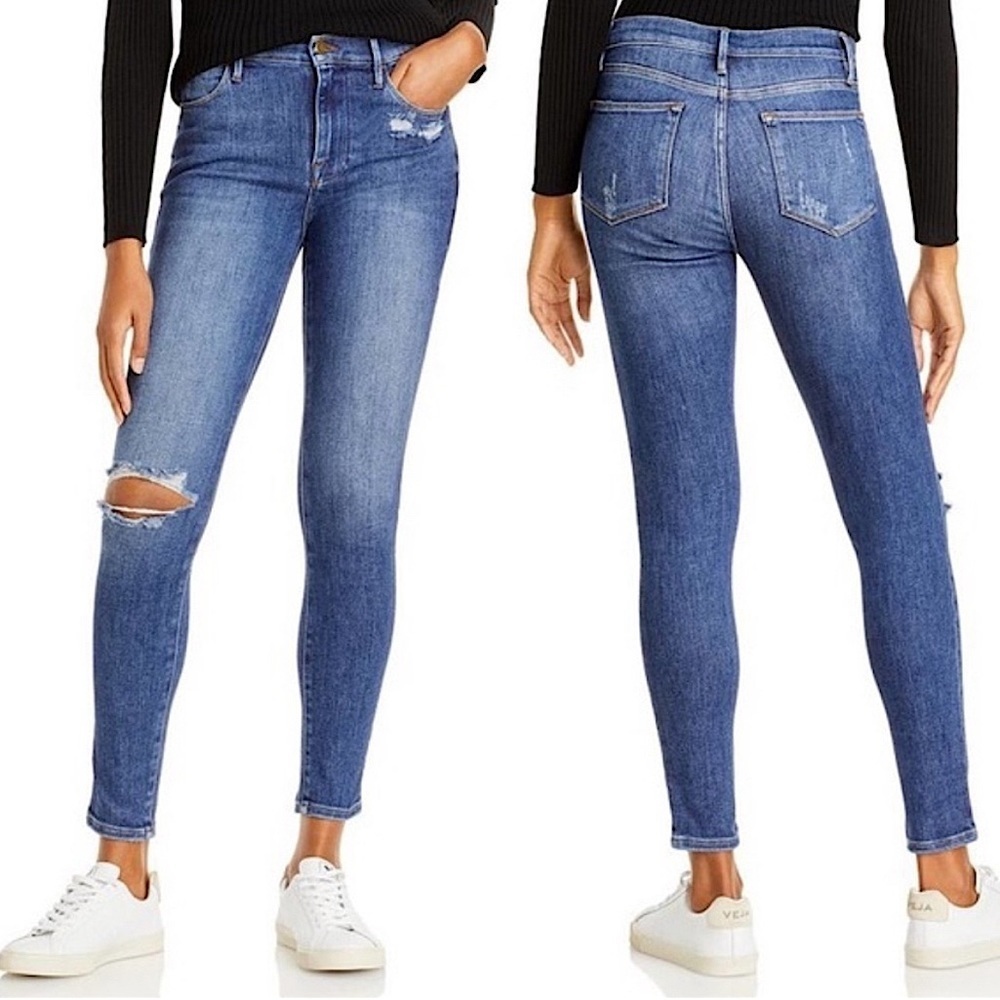 Frame Le High Skinny Ankle Jeans Saxon Wash Distressed Knee Stretch 28